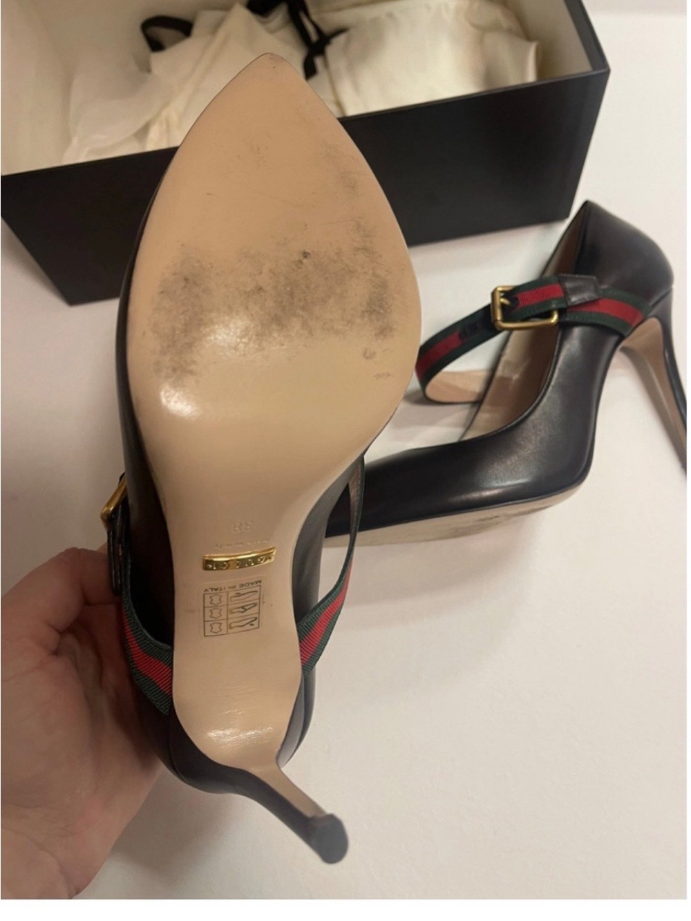 Gucci Black Leather Pointed-Toe High Heels with Signature Web Strap - Picture 6 of 12
